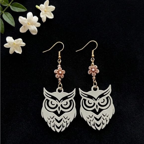 Handmade Jewelry - Owl Dangle Earrings | Floral Connector Lightweight Boho Jewelry Gold-Tone Hooks